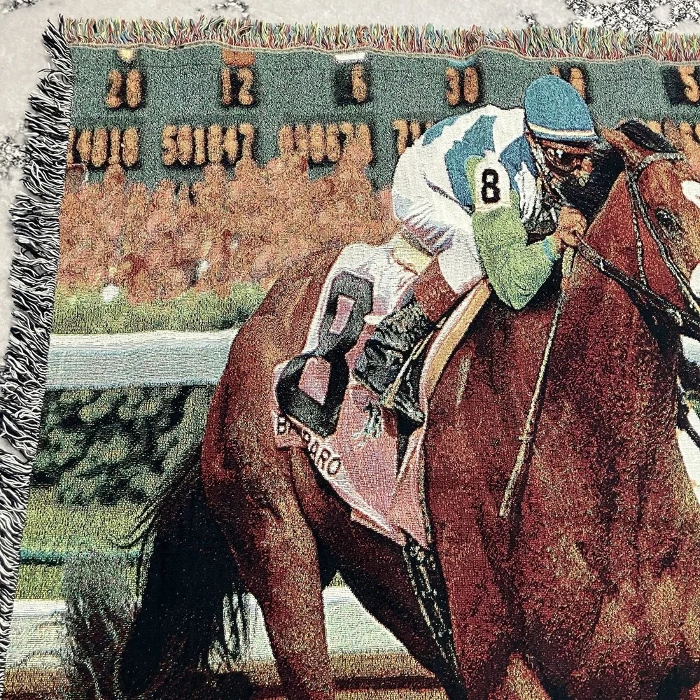Horse Racing Tapestry Throw Blanket Jockey Thoroughbred Equestrian Woven Fringe
